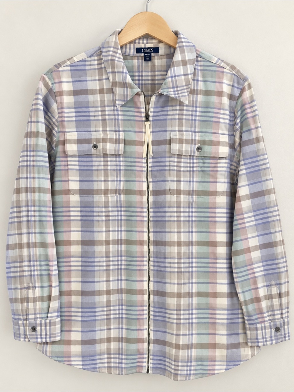 Chaps Women’s Pastel Plaid Button-Down Shirt Jacket in Blue, Tan & Cream